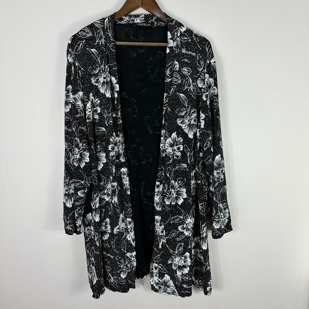 Onyx Nite 3X Black White Floral Kimono Jacket Boho Glam Resort Evening Statement